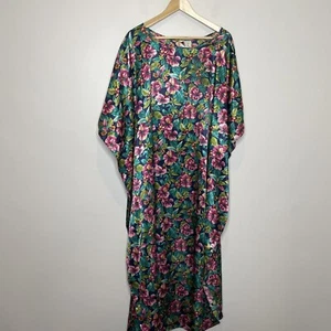 Vtg California Dynasty One Size Caftan Satin Floral Lounge House Dress Maxi USA - Picture 1 of 7