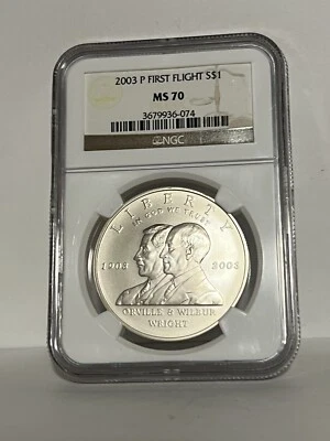 2003 FIRST FLIGHT NGC MS70 *PERFECT*  Silver Dollar Commemorative FLASHY WHITE - Image 1 of 2