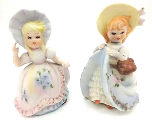 Norleans Porcelain Ceramic Figurines Set Of 2 Girls Petticoat 1970s Vintage - Picture 1 of 9