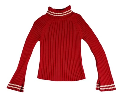 Suéter Lee Para Mujer Talla M Rojo Blanco Rayas Acanalado Tejido Manga Campana Cuello Alto Y2K Foto 1 de 4