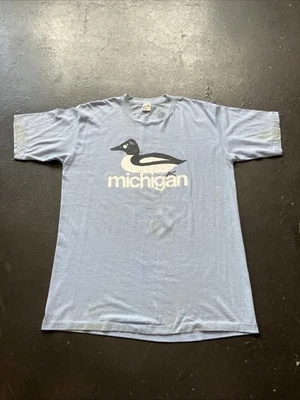 Vintage Distressed 80s Michigan Loon Single Stitch Tourist Outdoor Shirt Blue XL - Image 1 of 4