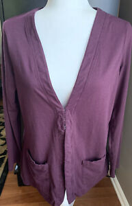 ELLEN TRACY Cardigan Sweater Size L Hook Closure Cotton Modal Purple Pockets