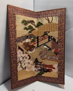 Vtg Asian Man and Woman Hand Stitched Embroidered Fold Art Tapestry 14" by 11" - Picture 1 of 13