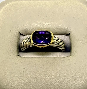 David Yurman 18k Yellow Gold & Sterling Silver Twisted Cable  Ring w/ amethyst - Picture 1 of 11