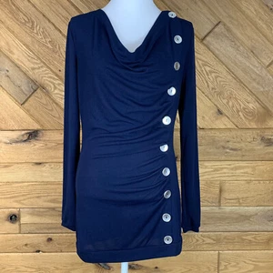 Venus Womens Size M Top Pullover Knit Sweater Long Sleeve Button Accents Navy - Picture 1 of 10