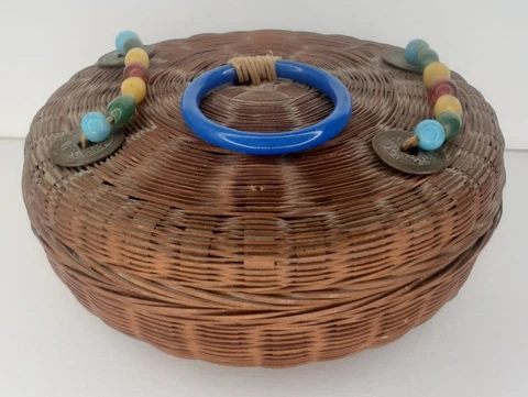 Sewing Basket Chinese Asian Woven Wicker with Beads and Tassels On Lid Rare Cover