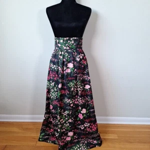 Vtg 70s High Waist Black Pink Rose Floral Maxi Skirt Mod Hippie Size Small - Picture 1 of 12