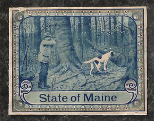 Etiqueta de colección "Estado de Maine" hombre caza en madera con puntero perro 8,75 x 6,75 - Imagen 1 de 4