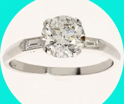 Anillo de compromiso de platino con diamantes naturales corte europeo y baguettes 1,6 quilates talla 7,75 Foto 1 de 4