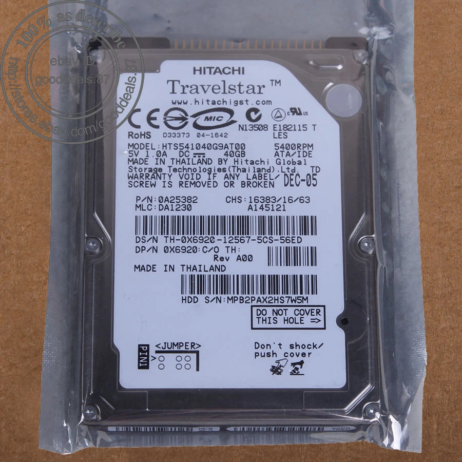 Hitachi 40 GB 2.5" 5400 RPM 8 MB IDE PATA Hard Disk Drive HDD HTS541040G9AT00 - Bild 1 von 2