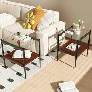 2 PCS Tempered Glass Tabletop End Table Modern Rectangle Table for Living Room - Picture 1 of 11