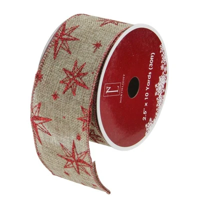 Northlight 12 Red Star Beige Burlap Wired Christmas Ribbon Spools - 2.5" - Image 1 of 3