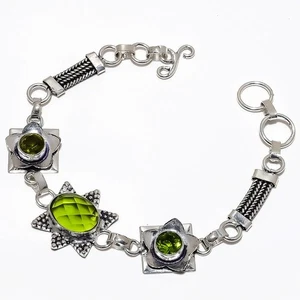 Peridot Gemstone 925 Sterling Silver Bracelet 7-8" g717 - Picture 1 of 5
