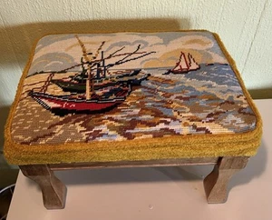 Needlepoint Cross Stitch Top Foot Stool Bench Seat Boats Sailing Ocean Sea Vtg - Picture 1 of 10