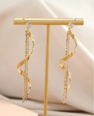 Womens Long Rhinestone Dangle Drop Decor Spiral Tassel Gold Metal Earrings Party - Image 1 of 4
