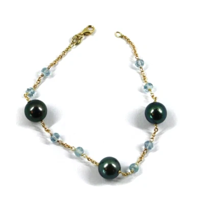 Браслет из желтого золота 18 карат 7,5 дюйма с таитянским черным жемчугом 9,5 мм и граненым аквамарином - Изображение 1 из 4