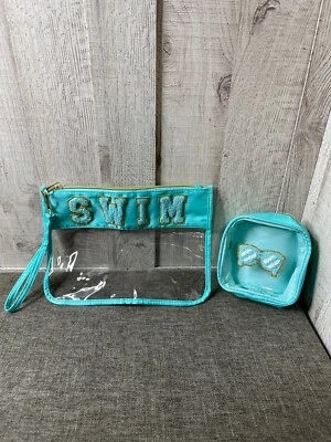 Juego de 2 bolsas de cosméticos y accesorios con cremallera azul aguamarina transparente con temática de natación con muñeca Foto 1 de 4