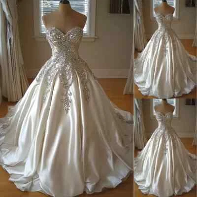 Boho Sweetheart Wedding Dresses Lace Appliques Satin A Line Bridal Gowns - Image 1 of 4