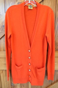 TORY BURCH Cardigan, Size Medium.   Beautiful Coral Red w/TB logo Buttons.  EUC! - Picture 1 of 7