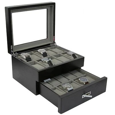 Watch Box 20 Watches Black Finish Large Compartments High Clearance Glass Window - Image 1 of 3