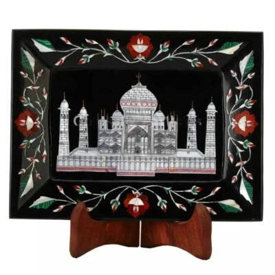 9"x6" Black Marble Carnelian Floral Inlay Tajmahal Art Christmas Decorative Gift - Image 1 of 4
