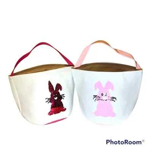 SET OF 2 NEW Easter Bunny Basket Bucket Rabbit Bag Egg Hunt Tote Reusable PINK - Picture 1 of 10