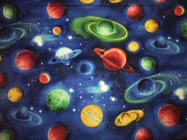 OUTER SPACE PLANETS SOLAR SYSTEM GALAXY COTTON FABRIC HALF YARD 18"x 44" - Image 1 of 1
