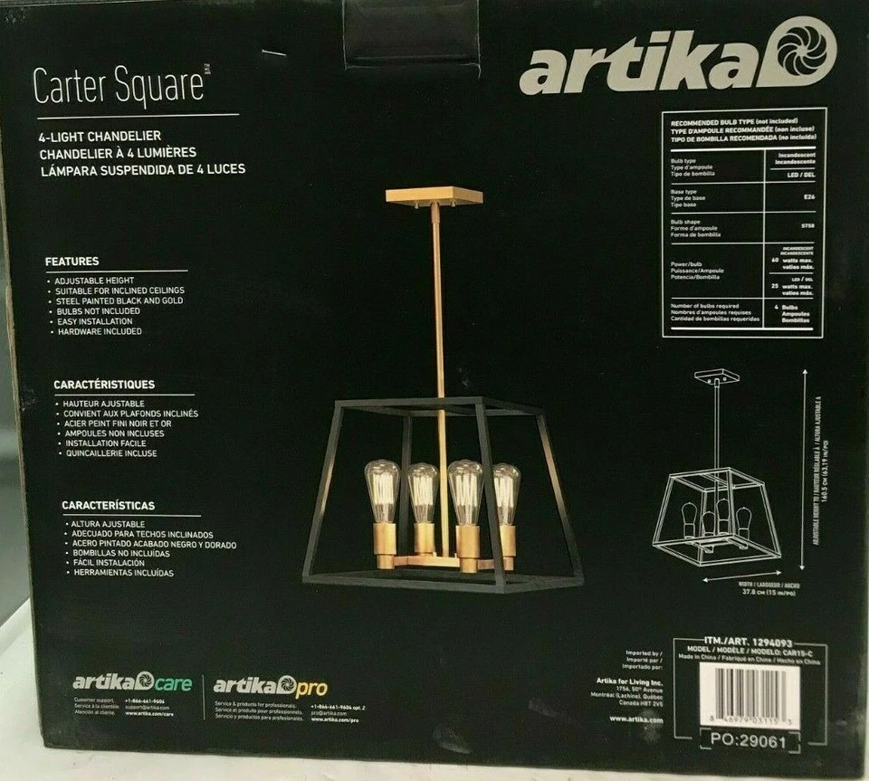 Artika Carter Square 4-Light Chandelier - Black (CAR15-C)