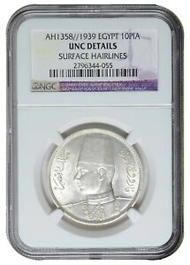 Rare Old Egyptian Silver coin 10 Piastres1939 King Farouk NGC Certified UNC