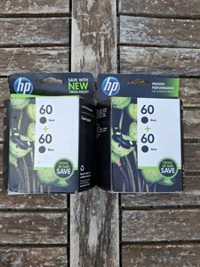 (2) HP 60 Black Ink 2 Packs Genuine Original New Sealed Inkjet 4 Total *SEE DATE - Picture 1 of 8