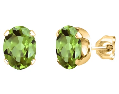 925 Yellow Gold Plated Silver 2.80 Ct Oval Green Peridot Women's Stud Earrings - Image 1 of 4