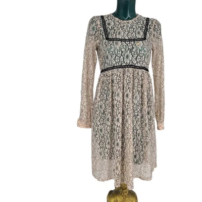 Asos Maternity Pink Black Lace Semi Sheer Long Sleeve Smock Dress Size 4 2226 - Image 1 of 4