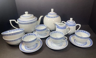 Juego de 17 piezas de grano de ojo de arroz chino azul blanco tetera jengibre tarro taza tazón Foto 1 de 4