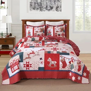 3 PCS Vintage Christmas Patchwork Quilt Set – Reversible Holiday Bedspread BY220 - Picture 1 of 34
