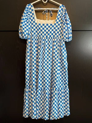 Vestido maxi de algodão com estampa xadrez En Season médio manga curta chalé - Imagem 1 de 4