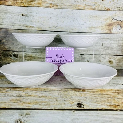 Oneida PICNIC White  Basket Weave Embossed Stoneware Cereal Soup Bowl Set of 4 - Image 1 of 4