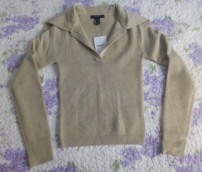 Forever 21 Suéter-Tejido Crop Top Acanalado Oliva S Pequeño Manga Larga Polo Marinero Foto 1 de 4