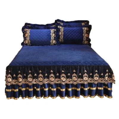 Embroidered Lace Velvet Bedspread King Full Quilted Soft Double Bed Skirt Sheet - Image 1 of 4
