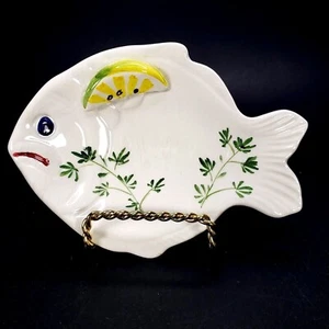 White Ceramic Fish Plate With Lemon Wedge Made In Italy Hand Painted 6.5" x 4.5" - Picture 1 of 7