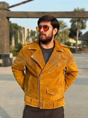 Men's Brown Genuine Suede Soft Leather Motorbike Jacket, Leather Biker Jacket - Image 1 of 4