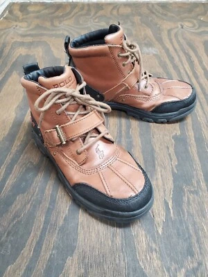 Polo Ralph Lauren Botas de Cuero Marrón con Hebilla y Correa de Encaje Niños Talla 5.5 Suela Negra Foto 1 de 4