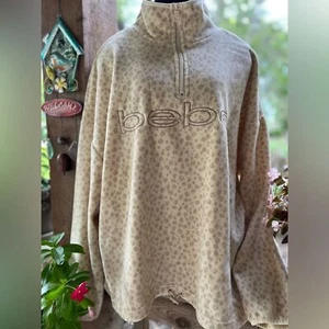 Bebe 2X Ivory & Beige Leopard Print 1/4 Zip Mock Neck Soft Fleece Pullover NWT - Picture 1 of 11