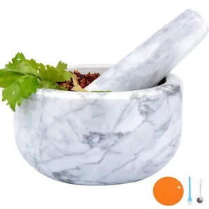 Mortar and Pestle Set Polished Natural Marble Stone Guacamole Molcajete Bowl wi - Picture 1 of 7