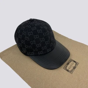 Gucci GG Monogram Logo Denim Cotton Baseball Cap Hat Black and Gray Size M - Picture 1 of 18
