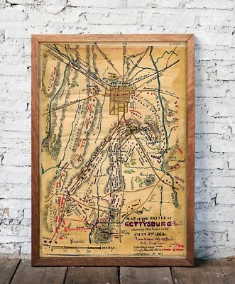 Mapa de 1863 de la Batalla de Gettysburg Guerra Civil Militar Póster Impresión Historia Foto 1 de 4