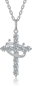 Moissanite Cross Necklace with Crown for Women Sterling Silver Pendant Christian - Picture 1 of 6