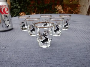 Set of 6 Mid Century Gold Rimmed Funky Strutting Reindeer Deer Stag Shot Glasses - Bild 1 von 22