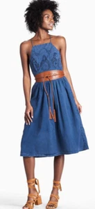 Lucky Brand Womens Schiffly Embroidered Criss-Cross Strap Bib Dress Blue L - Picture 1 of 3