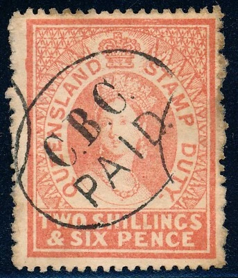 澳大利亚 - 1866 昆士兰州 2/6 邮票,BF5,AR5,收入取消,perf 13 — 第 1/4 张图片