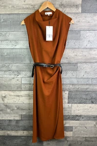 Zara Midi Dress Size Small Tan Brown With Belt Cowl Neck Rouched Smart Office - Picture 1 of 12